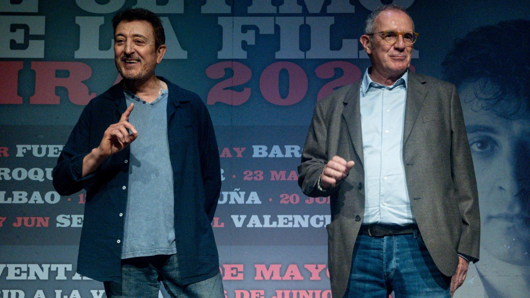Manolo García y Quimi Portet, miembros de El Último de la Fila, durante una rueda de prensa este martes en la Casa de Vacas, en el parque de El Retiro, Madrid. Foto: Ricardo Rubio/Europa Press