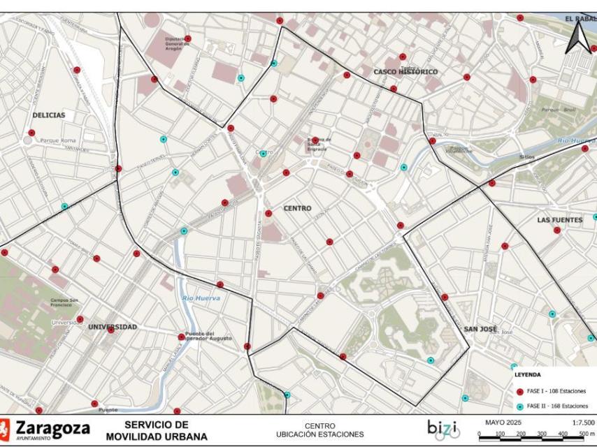 Mapa nuevas estaciones (color azul) en el Centro de Zaragoza.