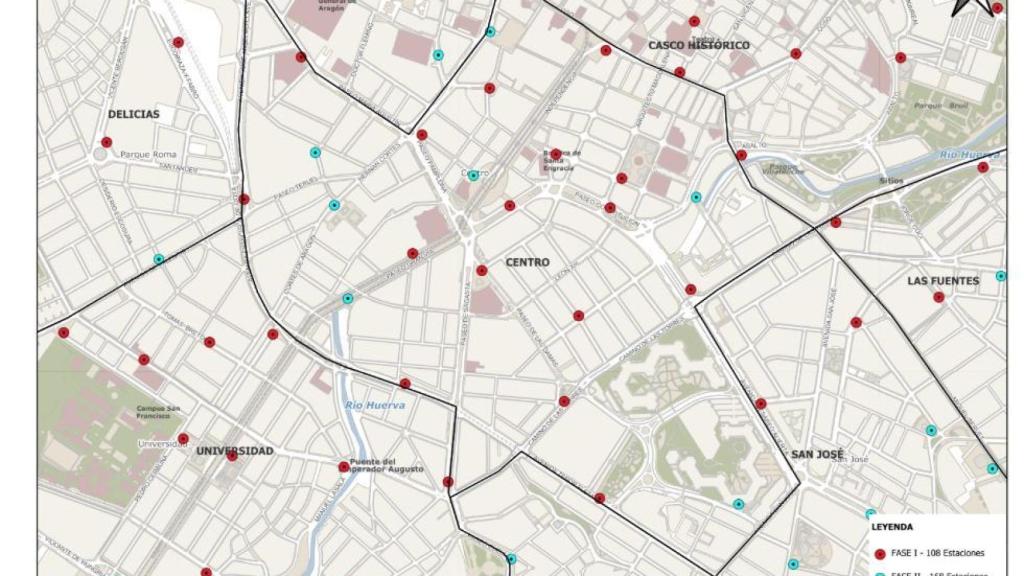 Mapa nuevas paradas de Bizi (en azul) en el Casco Histórico de Zaragoza.