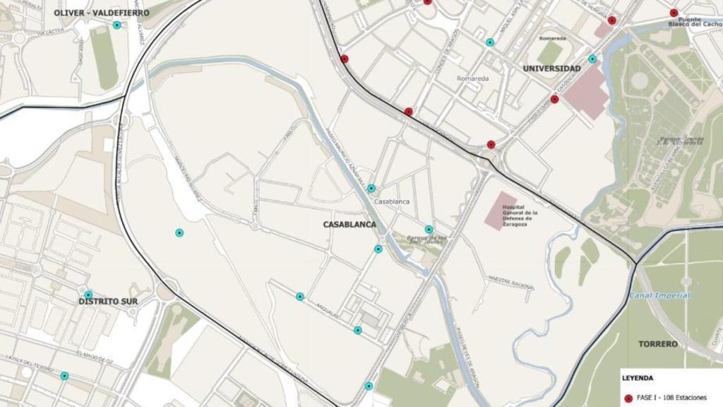 Mapa nuevas paradas de Bizi (color azul) en Zaragoza.