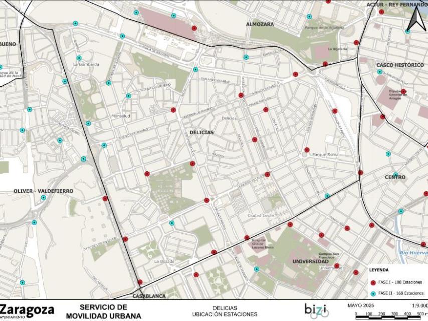 Plano de las nuevas estaciones de Bizi (color azul) en Zaragoza.
