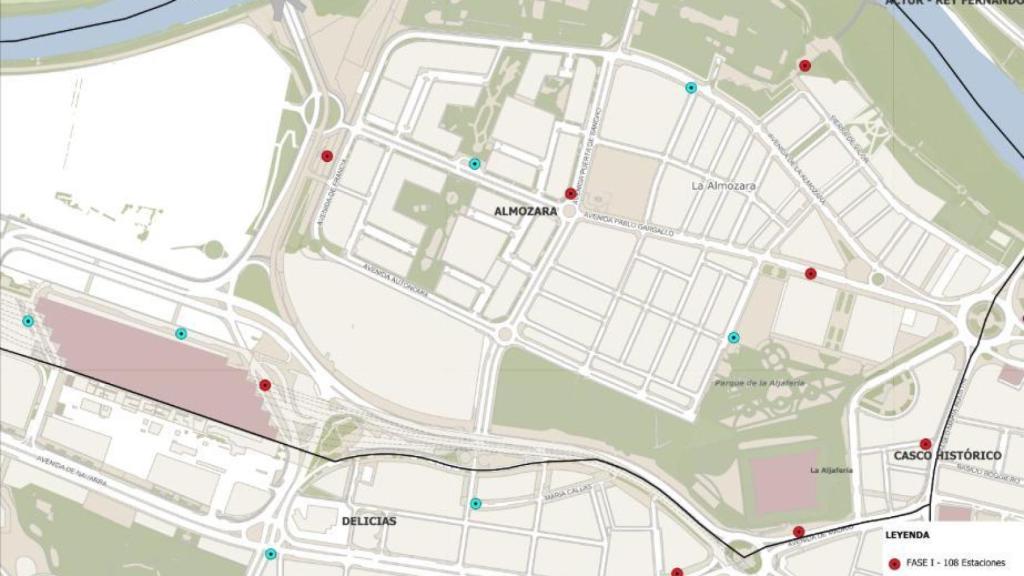 Plano nuevas paradas de Bizi (color azul) en Zaragoza.