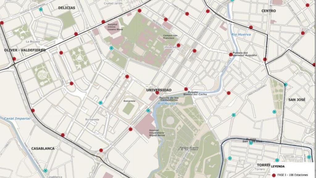 Mapa nuevas estaciones (en azul) del servicio Bizi en el distrito Universidad.