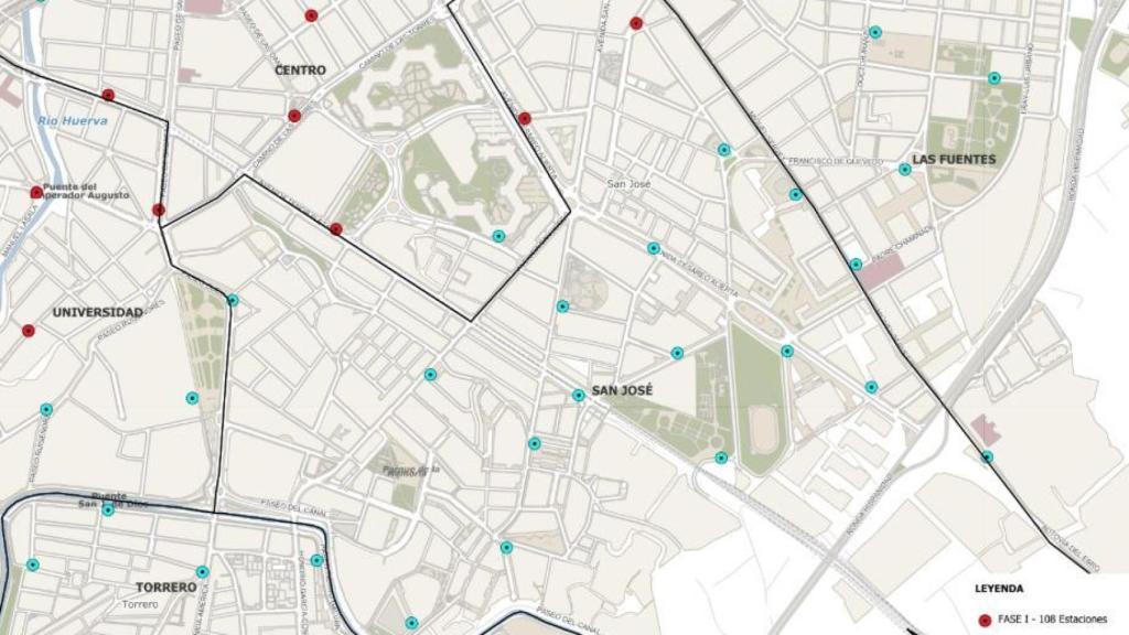 Mapa estaciones Bizi en el barrio de San José (en azul las nuevas).