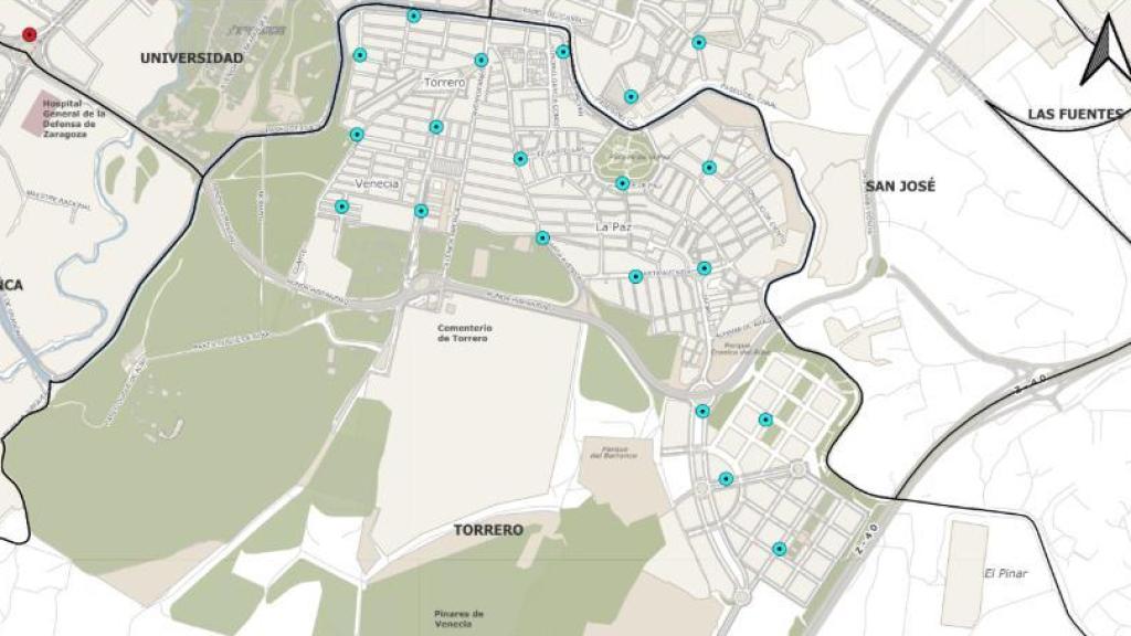 Mapa nuevas estaciones del servicio Bizi en el barrio de Torrero.