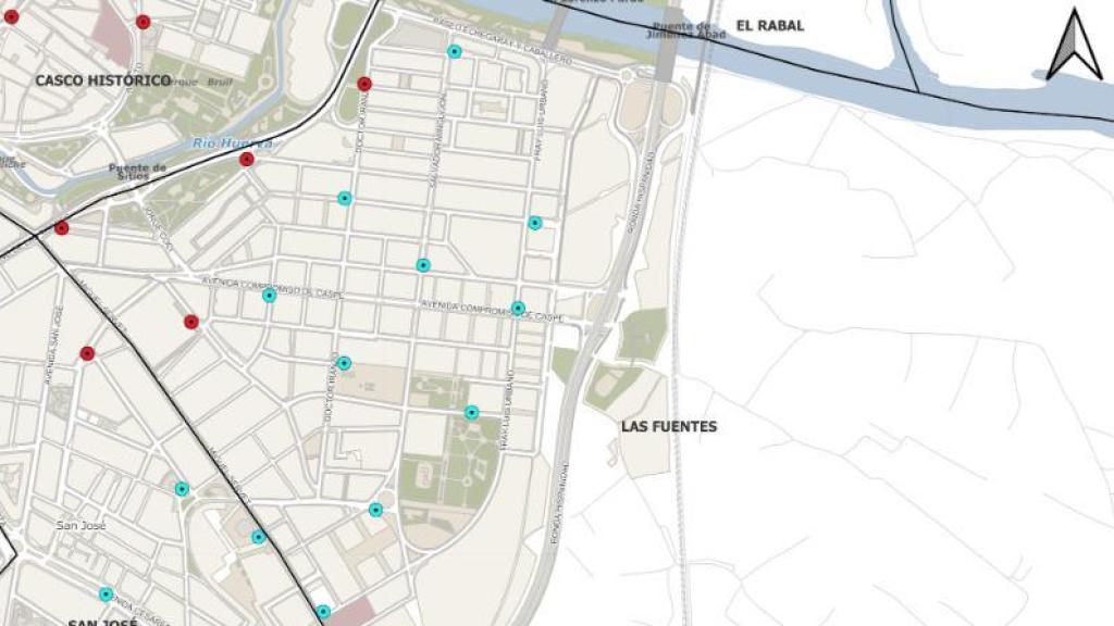 Mapa nuevas paradas del servicio Bizi en el barrio de Las Fuentes.