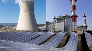 Fotomontaje de un ciclo combinado, una central nuclear y un macro parque fotovoltaico.