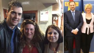 En su Facebook Leire Diez aparece con numerosos militantes socialistas, desde Pedro Sánchez hasta su esposa, Begoña Gómez, el exministro Ábalos o Adriana Lastra.