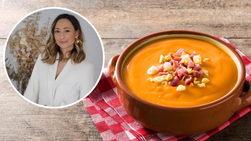 Montaje de la dietista Marga Martín junto a un plato de salmorejo.
