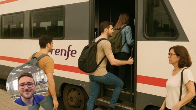 Montaje con pasajeros subiendo a un tren y Raúl Gómez, experto en becas.