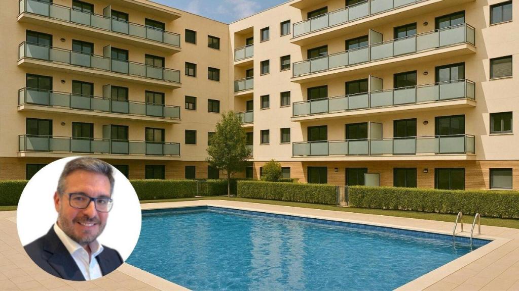 Montaje con un edificio con piscina y Sergio Excel, experto inmobiliario.