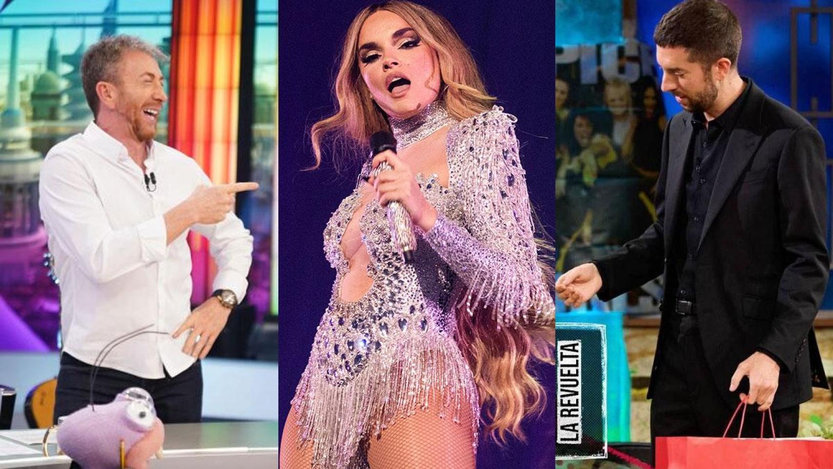 Pablo Motos, Melody y David Broncano en diferentes imágenes.