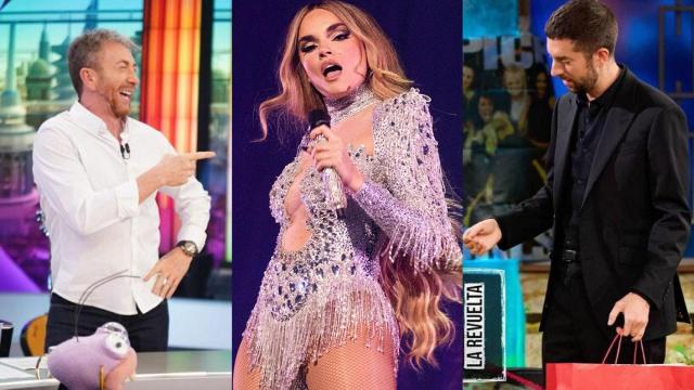 Pablo Motos, Melody y David Broncano en diferentes imágenes.