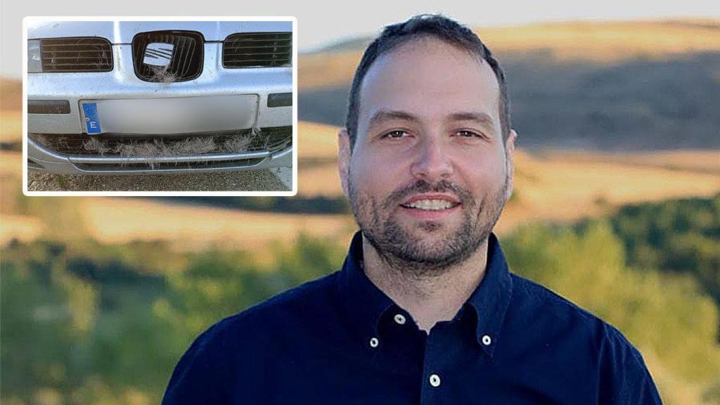 Alberto y una imagen de su vehículo tras el accidente