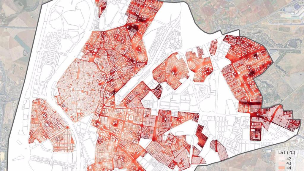 Mapa de los barrios de Sevilla donde más se deja sentir el calor.