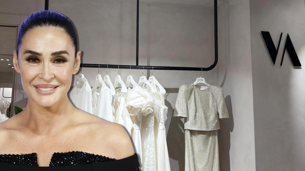 Vicky Martín Berrocal junto a su colección de novias, en un montaje de JALEOS.