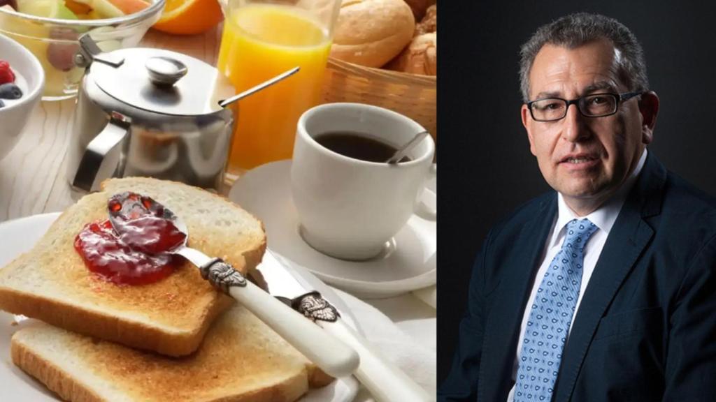 Montaje de un desayuno y el científico Luis Moreno.