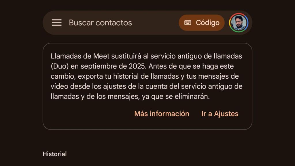Aviso del cierre de Google Duo en Google Meet
