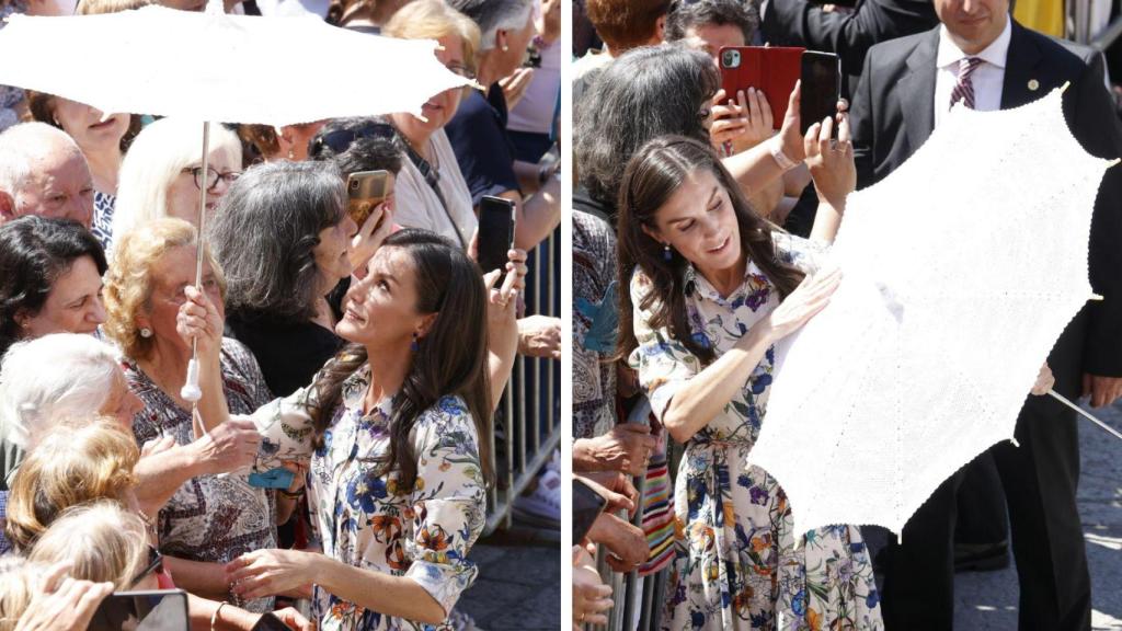 La Reina, con una sombrilla hecha de ganchillo.