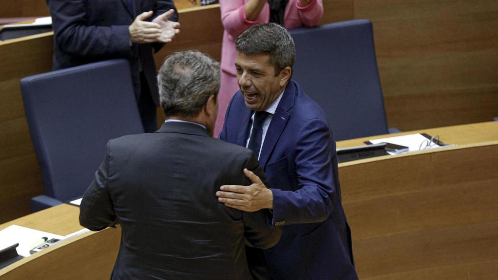 Mazón y el portavoz de Vox, José María Llanos, se estrechan la mano tras la votación. EFE / Manuel Bruque