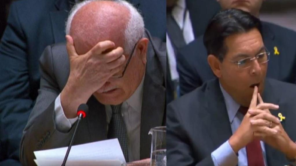 A la izquierda, el representante permanente de Palestina ante la ONU Riyad Mansour. A la derecha, el de Israel.