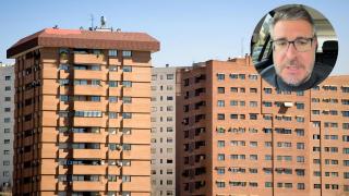 Montaje de un bloque de viviendas y Sergio Gutiérrez.