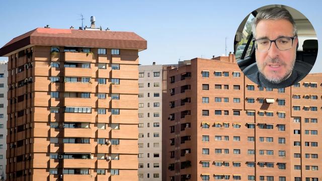 Montaje de un bloque de viviendas y Sergio Gutiérrez.