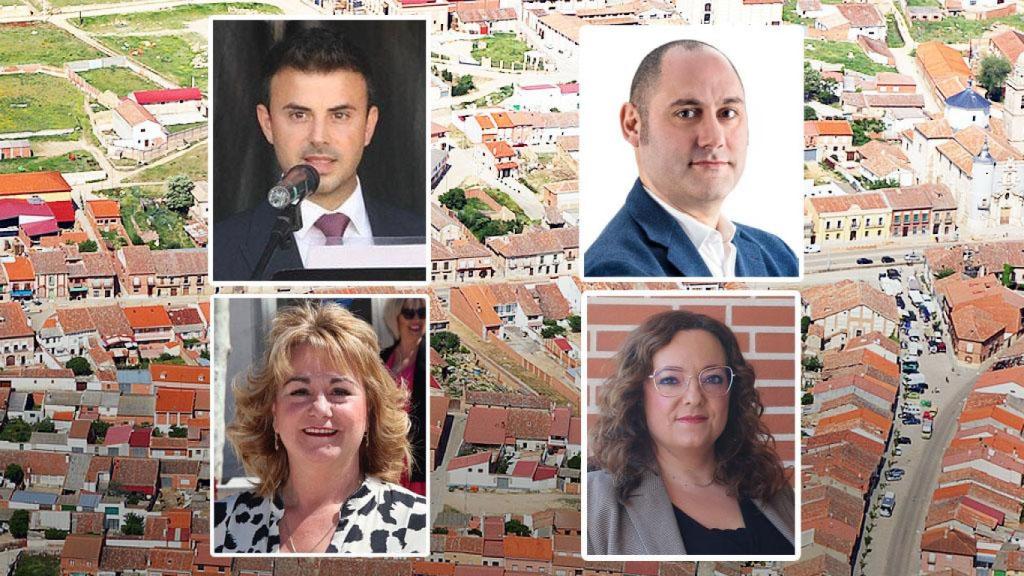En la parte superior de la imagen y a la izquierda Pablo Sánchez Gatón, alcalde actual de Rueda que dejará paso a José Ignacio Pérez (arriba a la derecha). En la parte inferior, y a la izquierda, la actual alcaldesa de Villaverde de Medina, María José Martín que cederá su puesto a Elena Martín (abajo a la derecha).