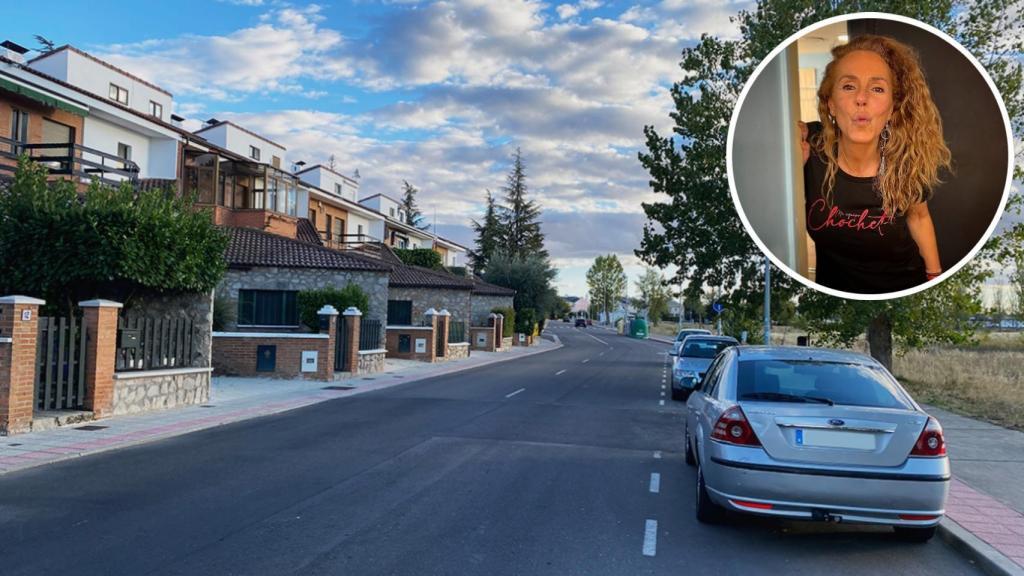 Una calle de la urbanización Valdelagua y una imagen de Rocío Carrasco.