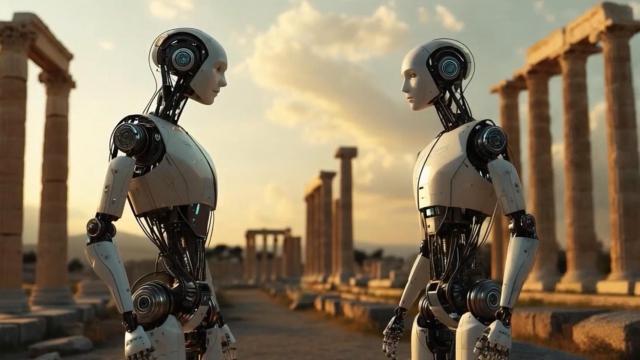 Imagen de dos robots en Grecia creada con IA y usada para promocionar el evento.