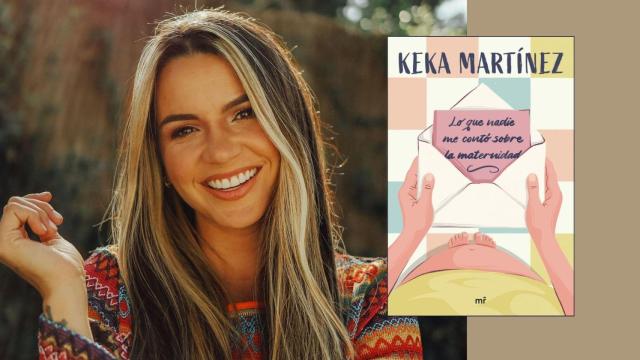 Keka Martínez junto con la portada de su libro