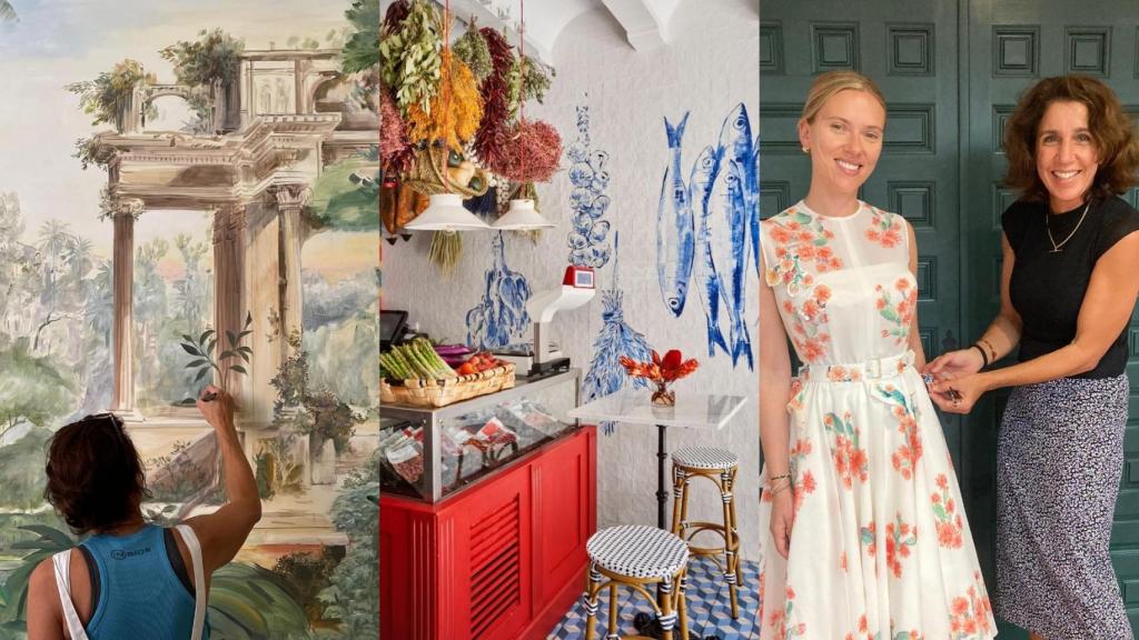 De izqda. a dcha., obra Arquitectura y trópico (Gibraltar); trabajo en Ultramarinos Pirulo para la decoradora Amaya de Toledo; y vestido pintado sobre seda para la película 'Asteroid City' de Wes Anderson, que Scarlett Johansson lució en varias tomas.
