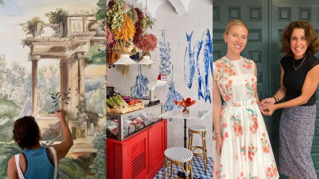 De izqda. a dcha., obra Arquitectura y trópico (Gibraltar); trabajo en Ultramarinos Pirulo para la decoradora Amaya de Toledo; y vestido pintado sobre seda para la película 'Asteroid City' de Wes Anderson, que Scarlett Johansson lució en varias tomas.