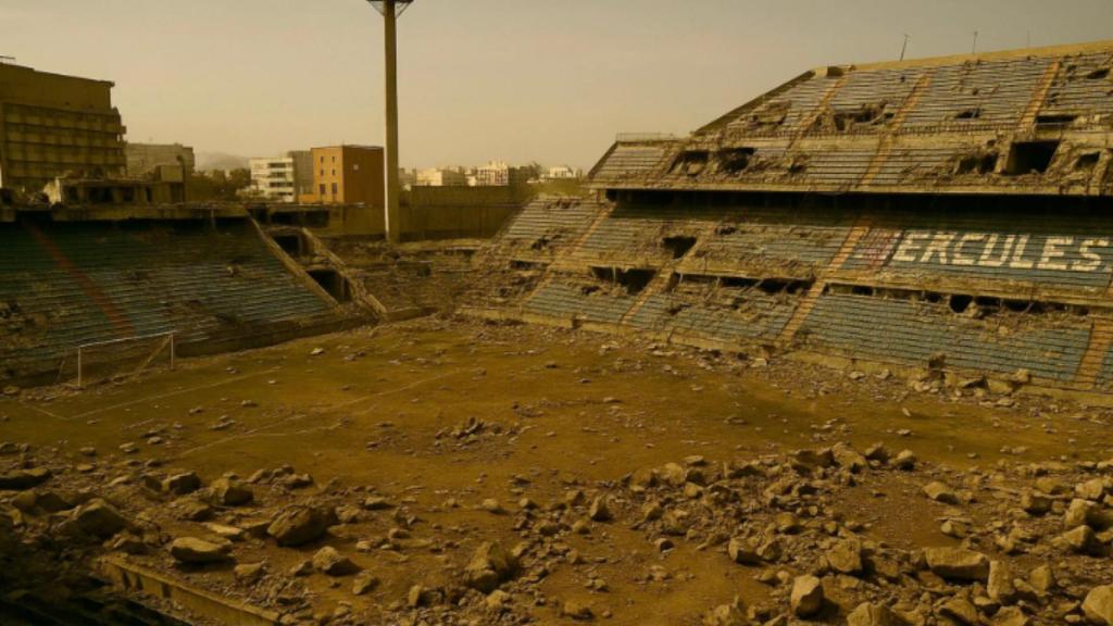 Imagen del estado del estadio del Hércules tras una hecatombe