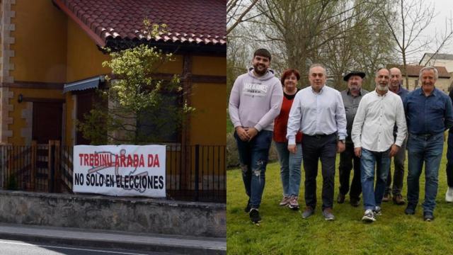 Un cartel en una casa pidiendo la incorporación de Treviño al País Vasco y los miembros de la candidatura del PNV a la Alcaldía de La Puebla de Arganzón en las últimas elecciones municipales, en un montaje de EL ESPAÑOL