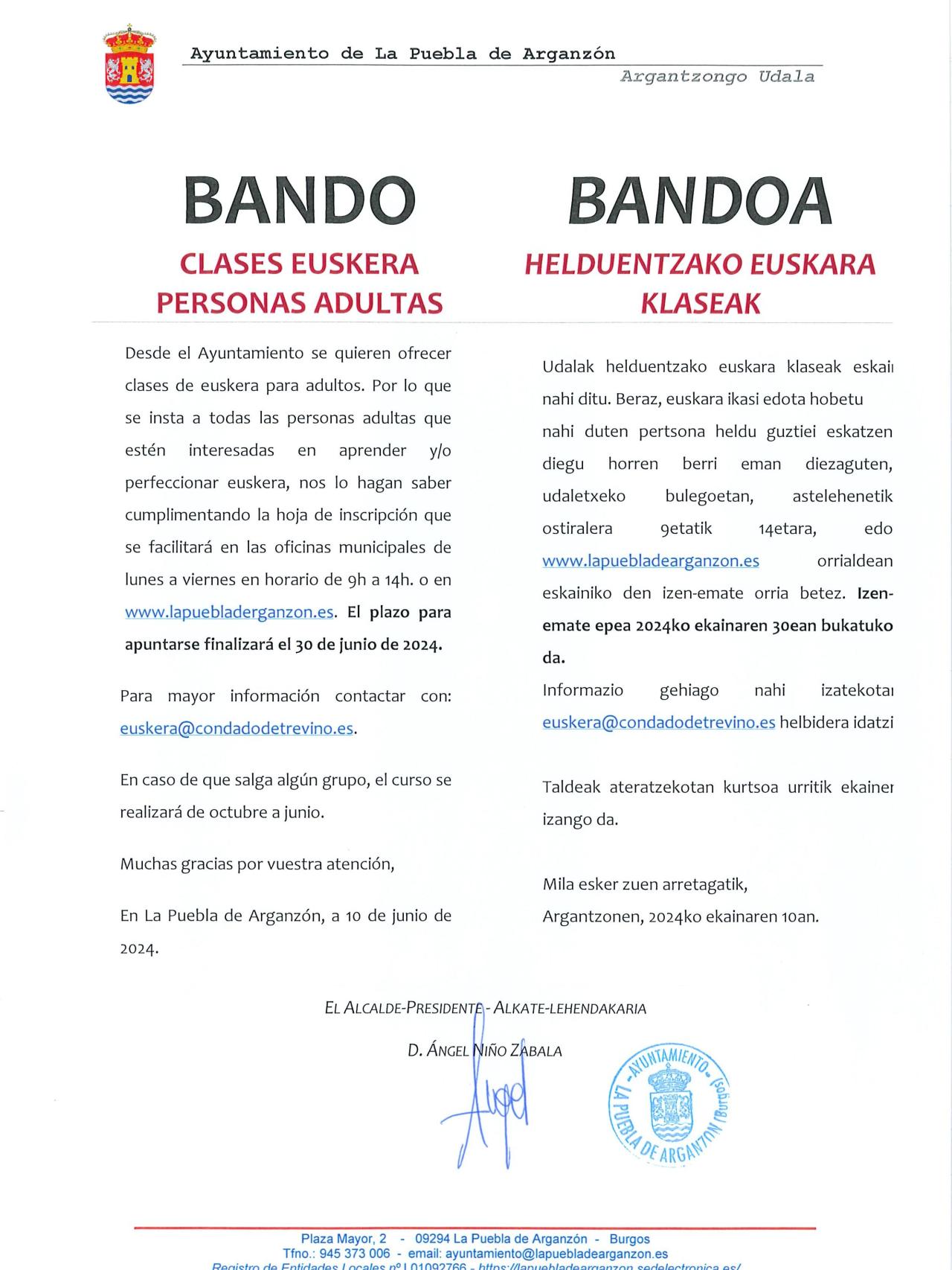 Un bando municipal de La Puebla de Arganzón ofreciendo clases de euskera