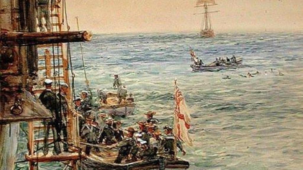 Detalle de acuarela 'Fiesta del Eclipse Saliendo del H.M.S. Theseus, Santa Pola', de William Lionel Wyllie.