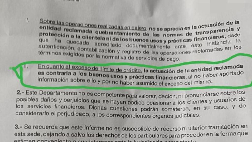 Escrito del Banco de España amparando a Mari Paz.