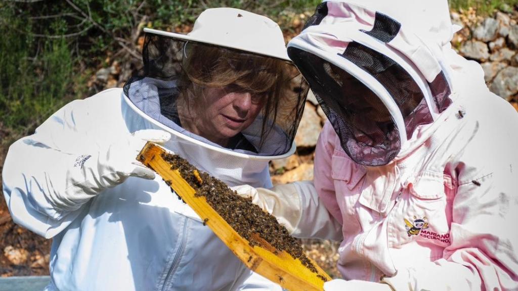 Rosa Morató y Rosa Server, en las colmenas.