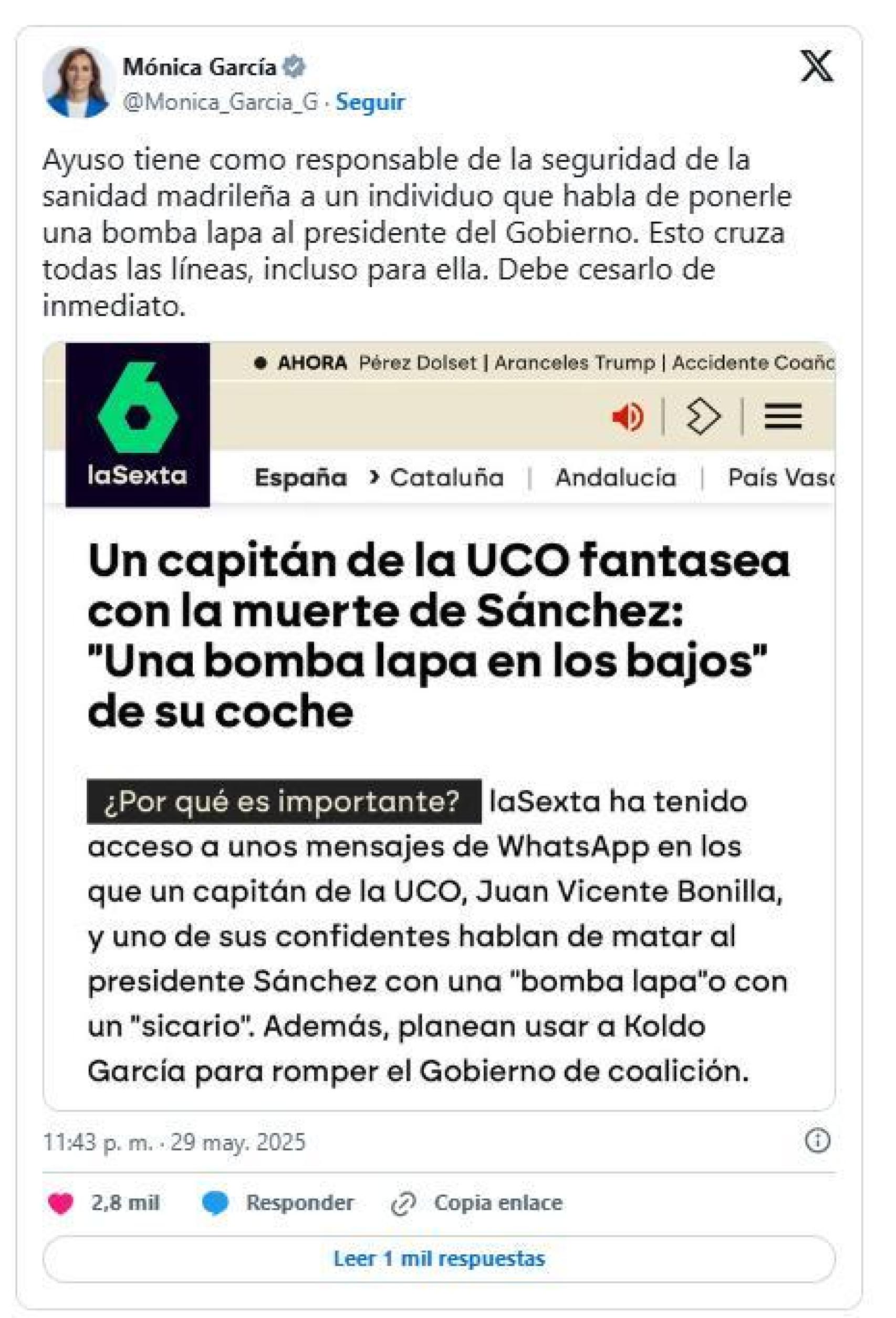 El tuit con el bulo sobre la bomba lapa, que la ministra Mónica García publicó el viernes.