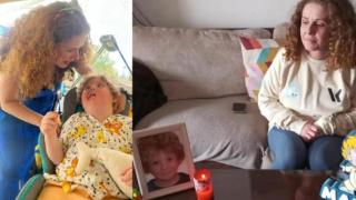 A la izquierda, Isabel Muelas juega con su hijo Martín, y a la derecha contempla una foto del pequeño, varios meses después de su pérdida.