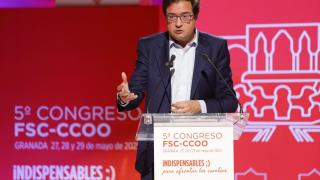 El ministro para la Transformación Digital y de la Función Pública, Óscar López durante su intervención en la clausura de V Congreso de la Federación de Servicios a la Ciudadanía.