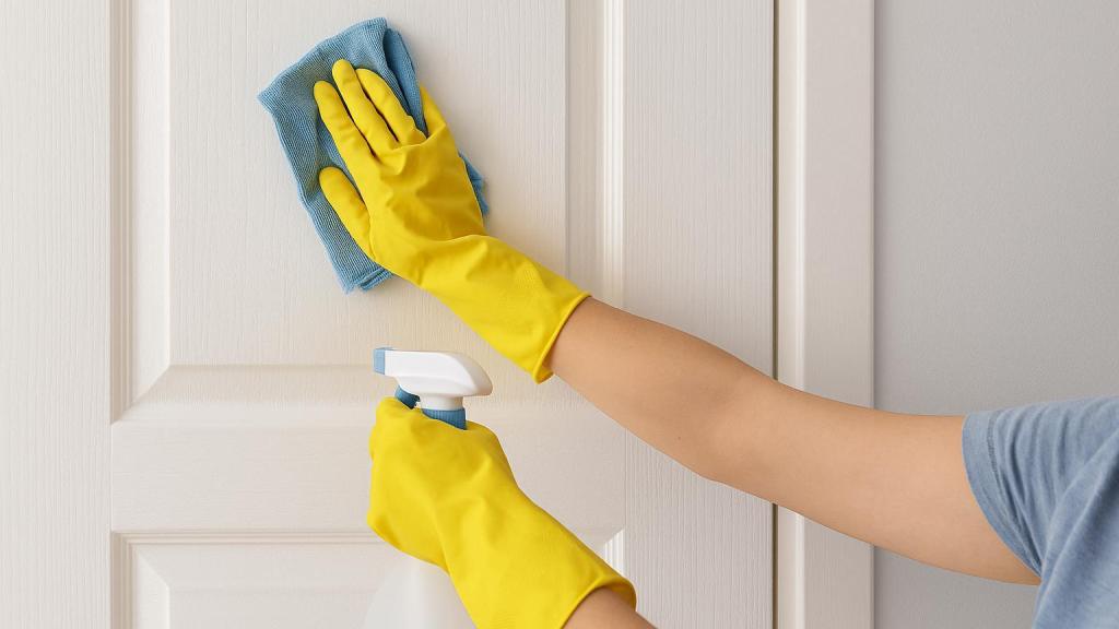 Una imagen de una mujer limpiando puertas de madera blanca.