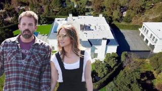 Jennifer Lopez y Ben Affleck, junto a la vivienda de Beverly Hills en un montaje de EL ESPAÑOL.