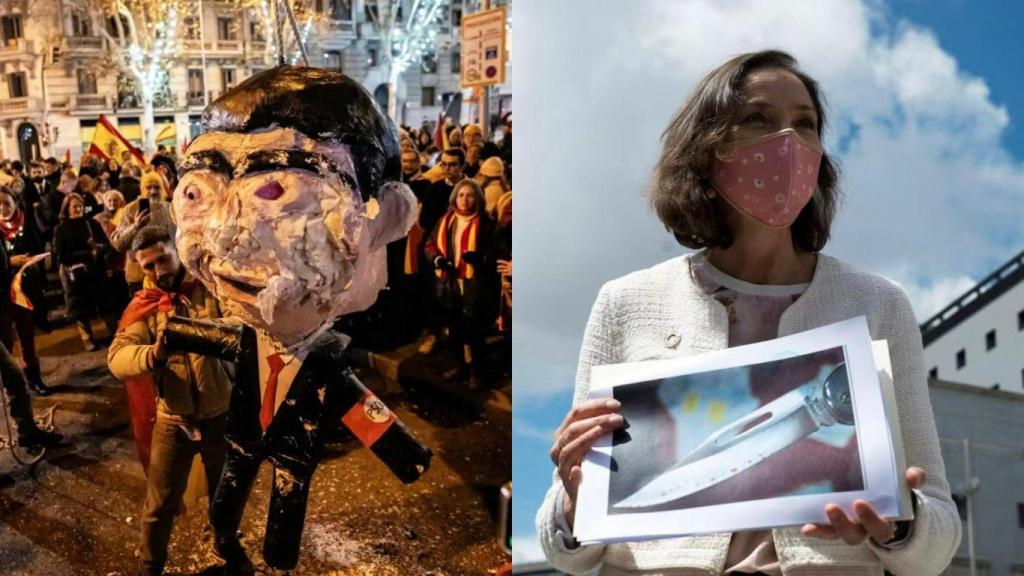 A la izquierda, un muñeco en los aledaños de Ferraz durante la Nochevieja de 2023. A la derecha, la exministra de Industria, Reyes Maroto, exhibiendo la navaja ensangrentada que recibió en abril de 2021.