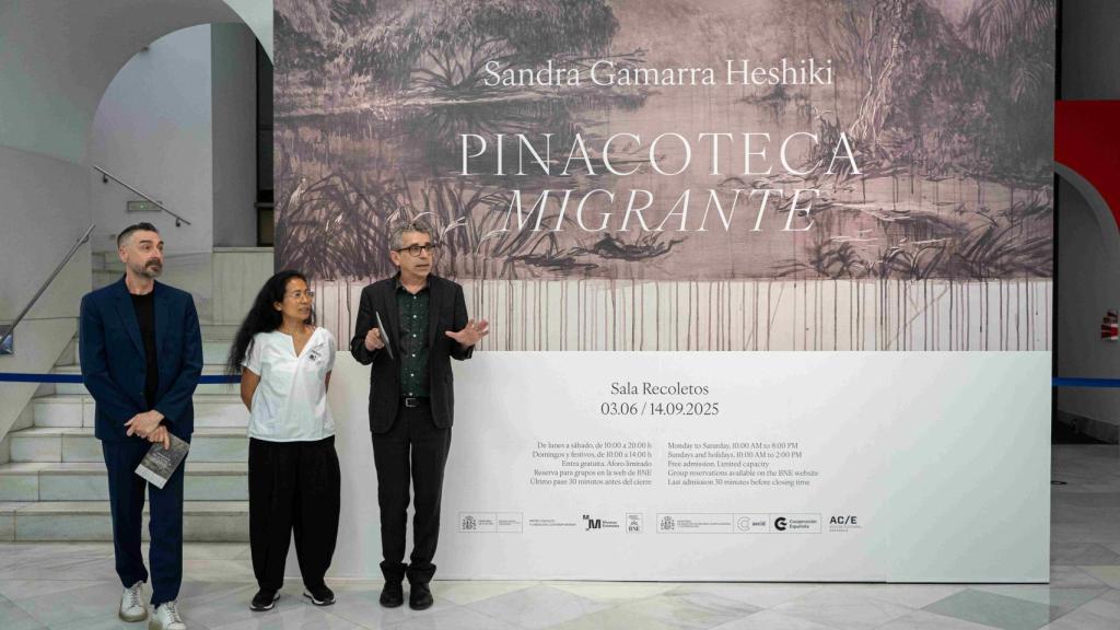 Inauguración Pinacoteca Migrante con Sandra Gamarra, Agustín Fernández Rubio y Jordi Martí Grau. Foto: Patrimonio Nacional