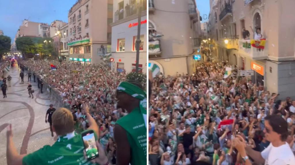El autobús del Elche llegando a la Plaza de Baix durante la celebración.