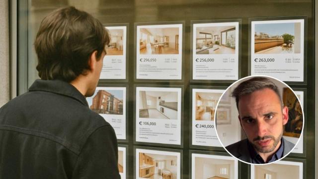 Montaje con una persona viendo precios de pisos y Rubén López de Miguel, asesor financiero.
