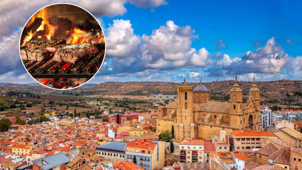 Montaje del pueblo aragonés y una imagen de carne a la brasa.
