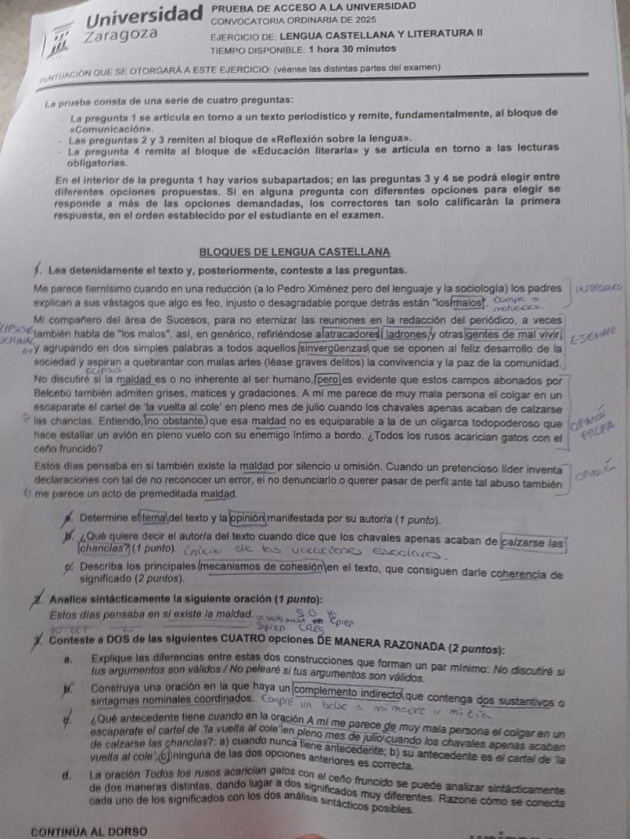 Examen de Lengua Castellana y Literatura de la PAU 2025 en Aragón